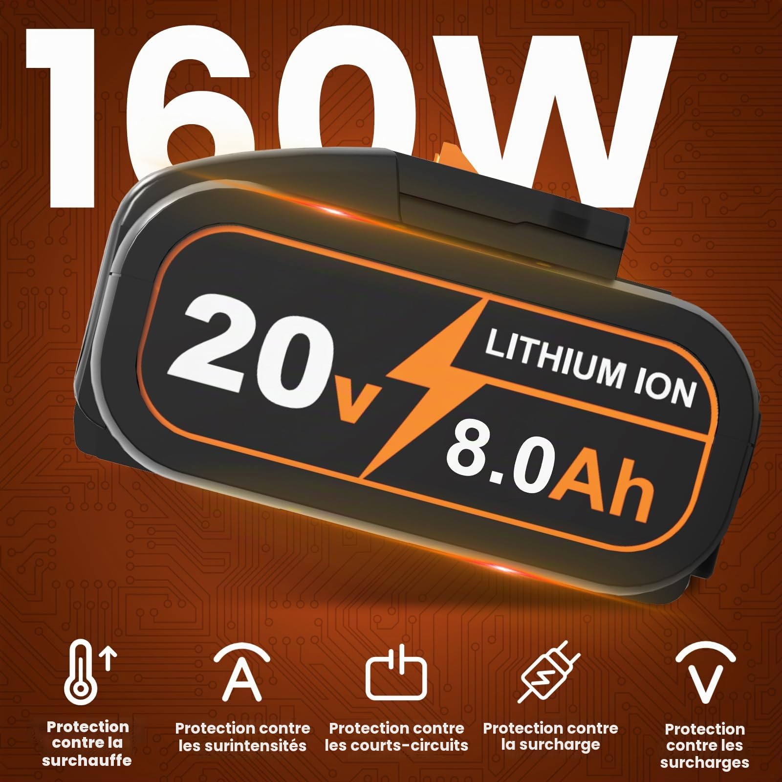 8,0 Ah 20V WA3525 Batterie de Rechange pour Worx, pour Outils électriques sans Fil pour Worx WA3572 WA3525 WA3760 WA3881 WX390 WX176 WX178 WU268 WX166.4 WX372.1 WX800 WG259E