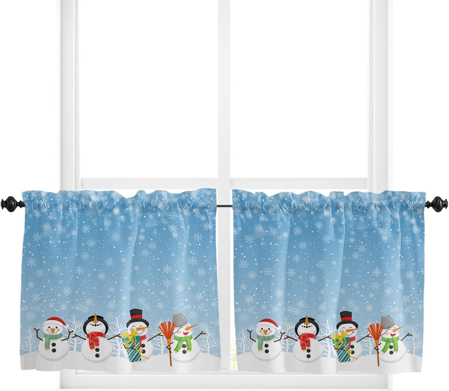 Christmas Snowman Tier Curtains, Blue Winter Snowflake Rod Pocket Window Curtains Panels for Bedroom/Bathroom/Nursery, Xmas Tree Small Short Half Curtains Drapes for Cafe, 27.5W x 36L x 2