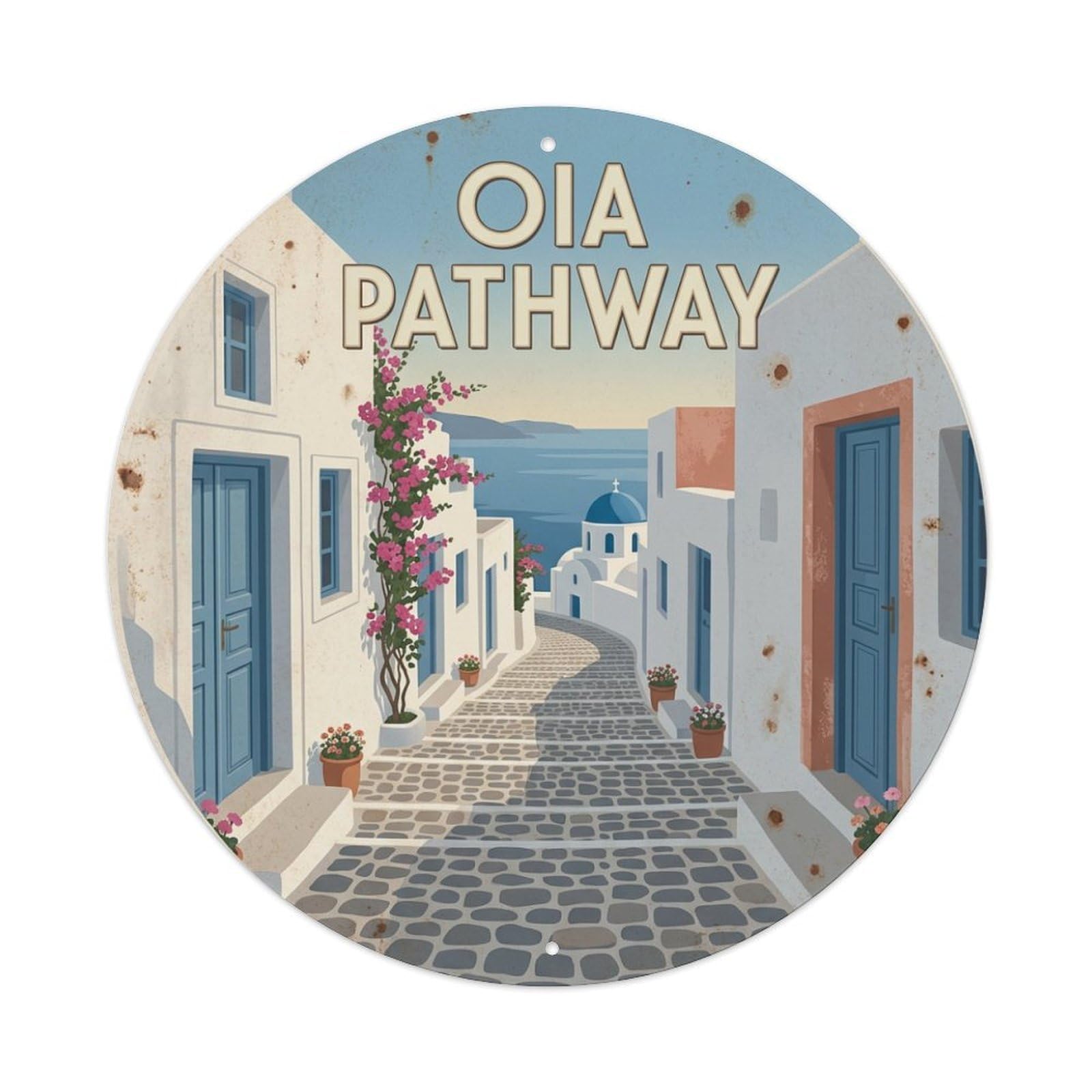 Galvaxio Style Vintage Travel Oia Santorini Pathway Metal Tin Sign