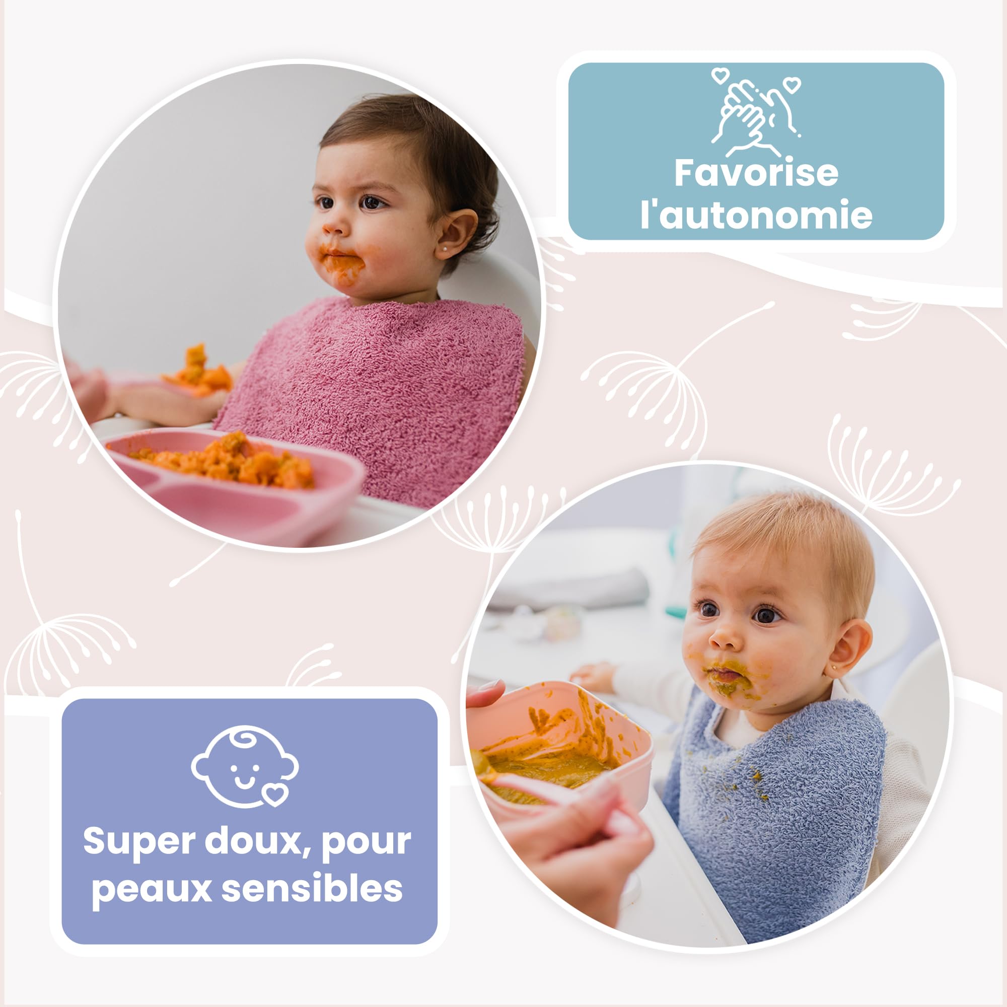 MIMUSELINA | Lot de 10 Bavoirs Bebe Imperméables en Coton avec Élastique au Cou | Grand Bavoir Bebe BLW en Éponge et Tissu Imperméable | Idéal pour la Crèche | Puericulture bébé | Fabriqué en Espagne
