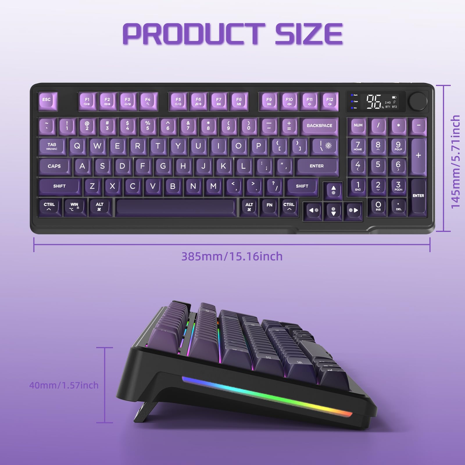 FREEWOLF M96 Tastiera Da Gioco Wireless, Controllo Tramite Manopola Bluetooth/Tastiera Meccanica Wireless 2.4G, Retroilluminazione a LED con Schermo, Copritasto PBT, 3000mAh, QWERTY - Sfumatura Viola