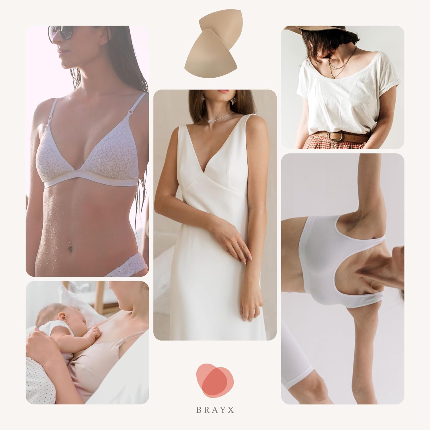 Brayx Bra Pads Inserts for Sports Bra, Swimsuit and Dress: Lightweight, Removable, Water Resistant, Machine Washable, 4 Pads