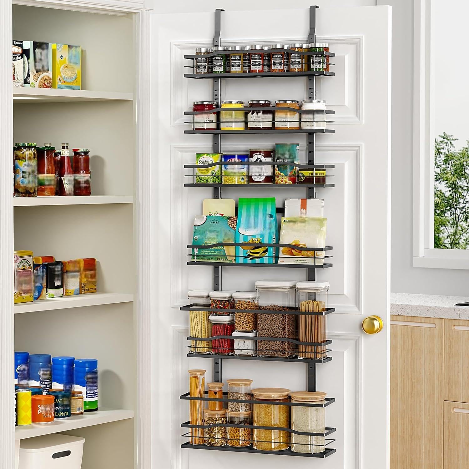 Moforoco 6-Tier Over The Door Pantry Organizer, Pantry Organization and Storage, Black Hanging Basket Cabinet Door Wall Spice Rack Shelves, Home & Kitchen Laundry Room Bathroom Essentials accessories