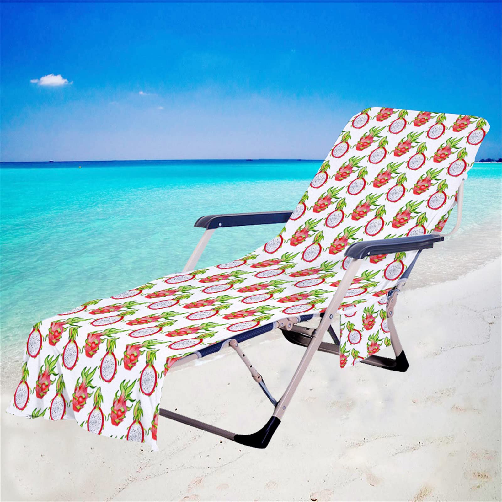 RRrawgff Sun Lounger Beach Towel with Pockets, Fruit Pattern Beach Lounger Towel Beach Chair Cover Towel Fitted Microfiber Sunbed Towel Sun Lounger Towels for Summer Vacation (Dragon Fruit)