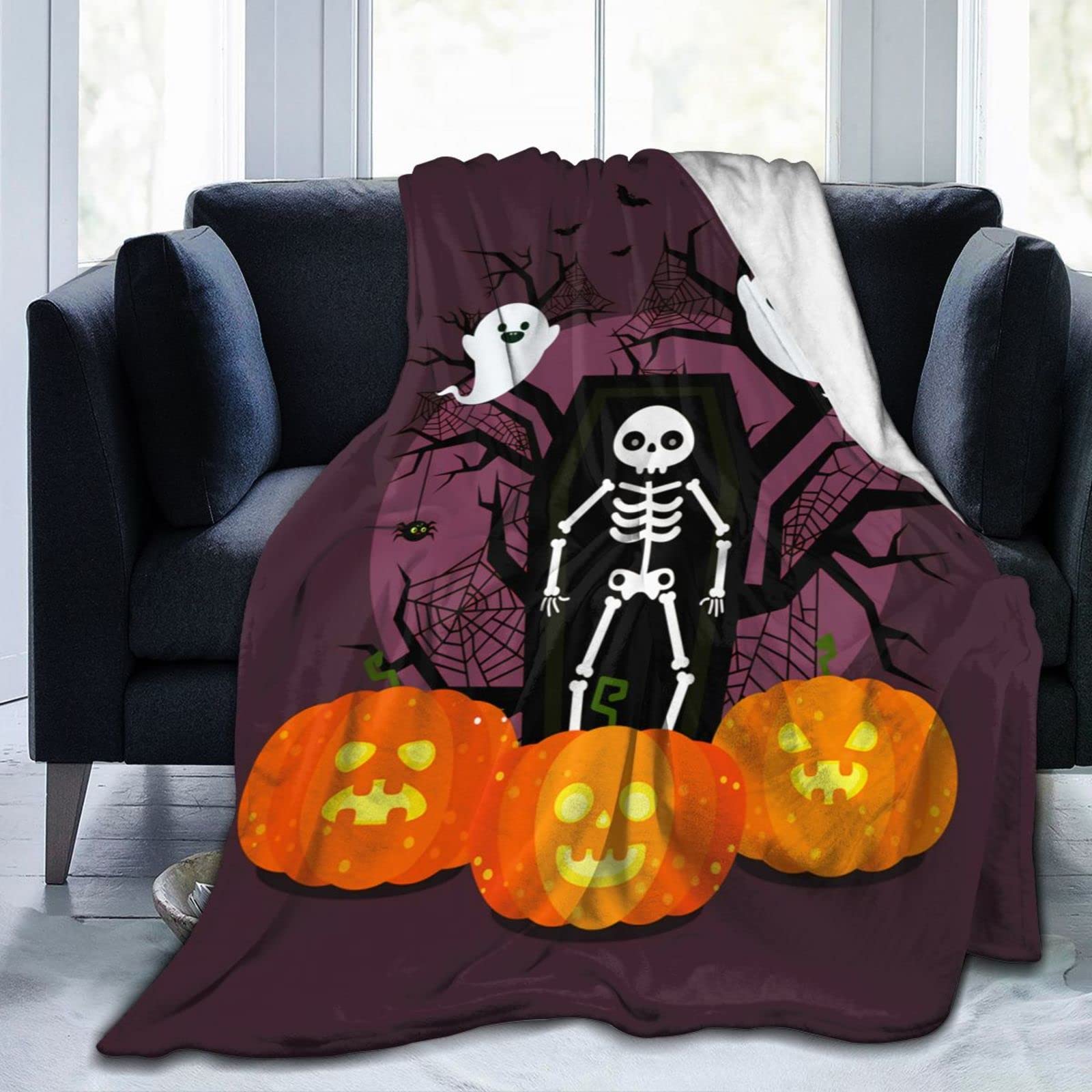 Lsjuee Ghost with Pumpkin Throw Blanket Warm Cozy Blankets Lightweight Soft Flannel Horror Halloween Blanket for Sofa Couch Bed Office 80"X60"