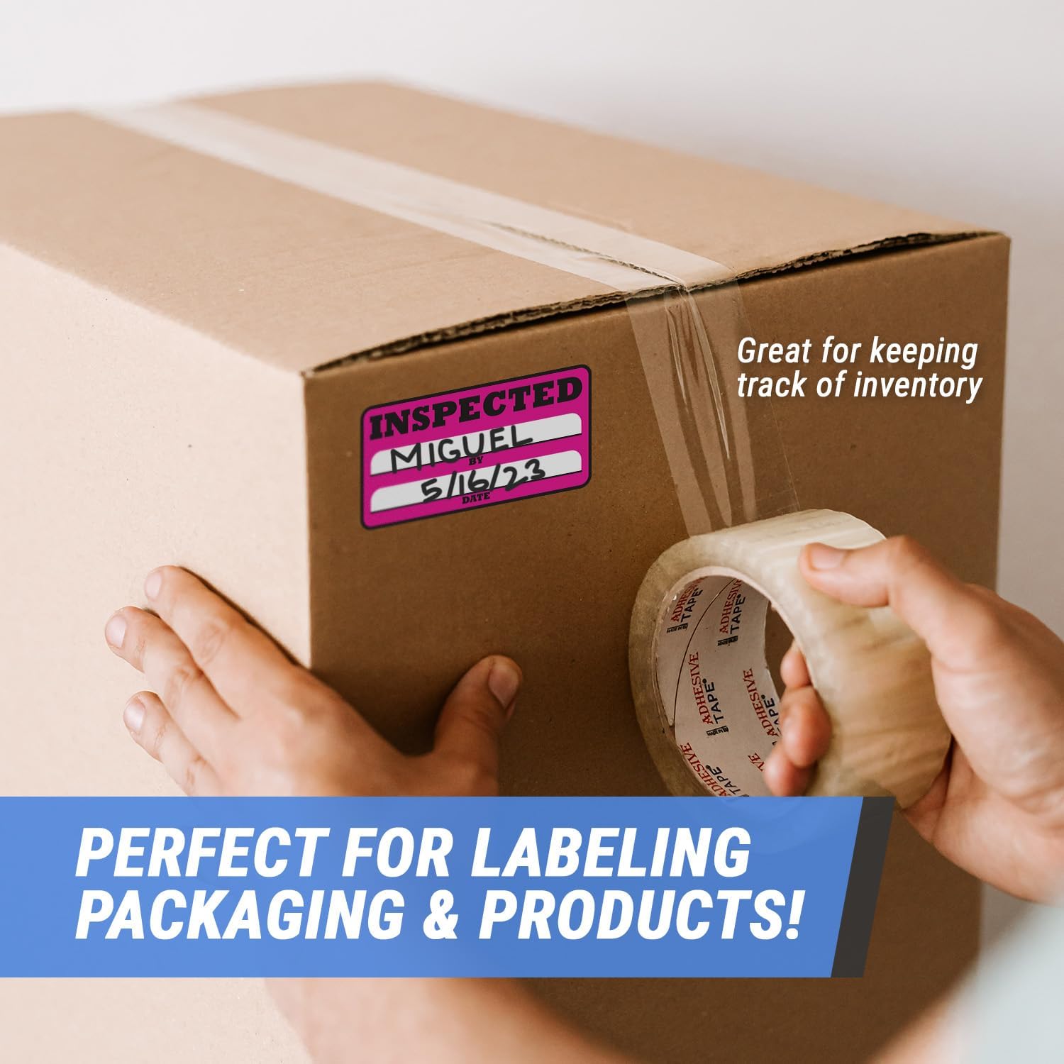 Inspection Stickers (3 x 1.5 inch, Rectangular, Pink - 1200 Labels) Inspection Stickers with Writable Space by & Date for Inventory, Quality Control, Warehouse, Shipping & Handling - Strong Adhesive