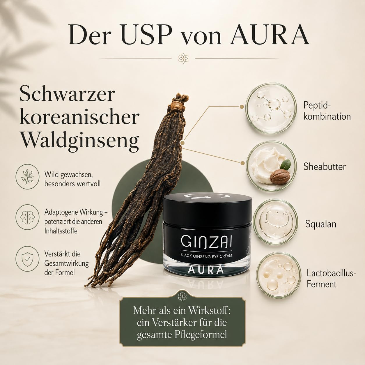 AURA - Crema rassodante per gli occhi con ginseng della foresta coreana nera, cura degli occhi anti-età contro rughe, occhiaie e gonfiore, con peptidi, squalano e burro di karitè, vegana, 30 ml