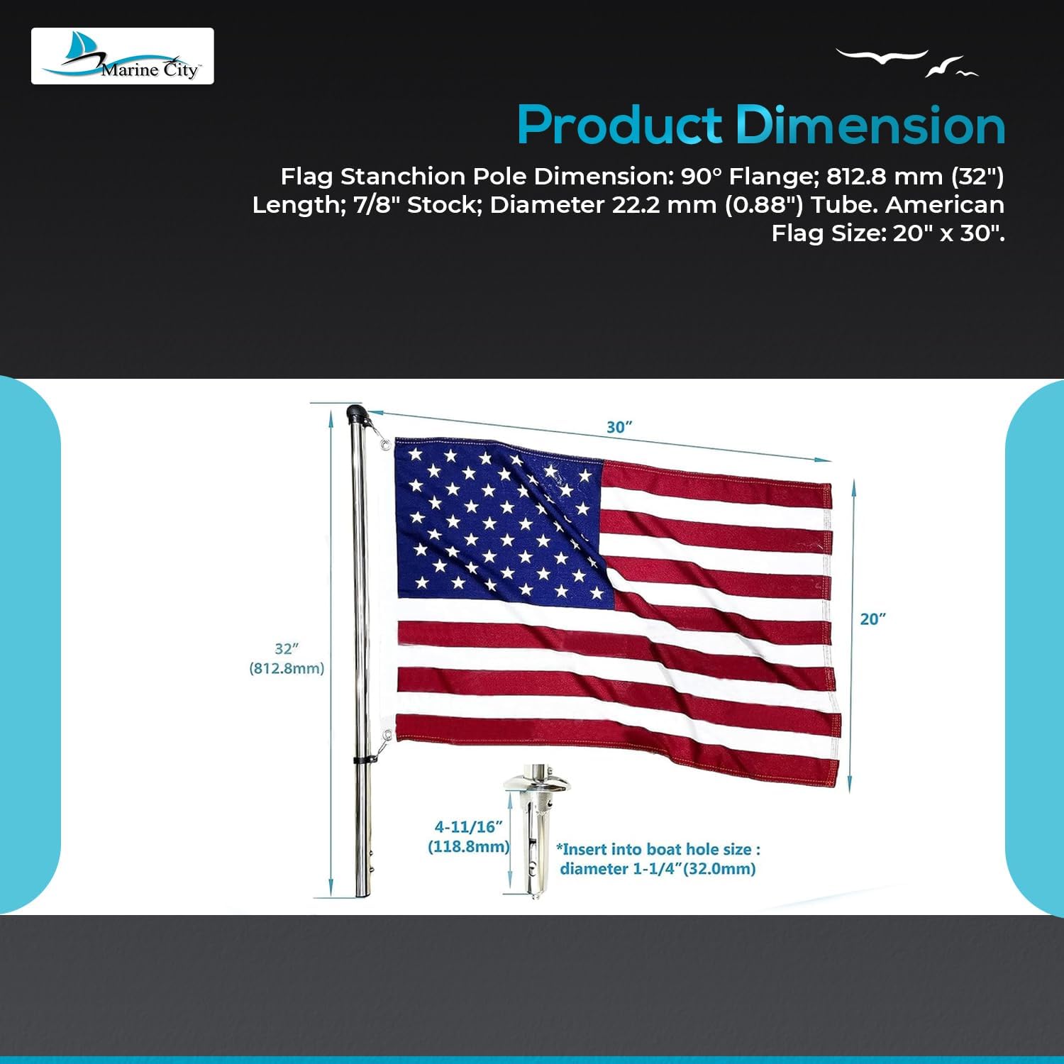 MARINE CITY Spring Mounting Socket and 32-Inch Flag Stanchion Pole Kit – 304 Stainless Steel, 20" x 30" US Flag, Durable and Corrosion-Resistant for Marines, Boats, Yachts (Pack of 1)