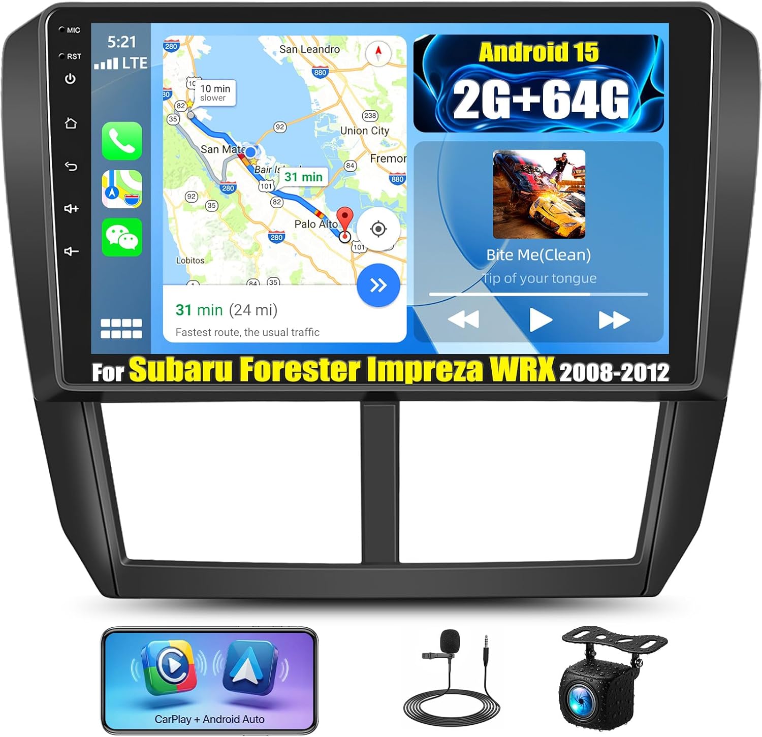 Android 15 2+64G Car Stereo for Subaru Forester Impreza WRX 2008-2012 with Wireless CarPlay Android Auto,9” HD Touchscreen Radio Upgrade WiFi Bluetooth EQ FM RDS 26 UI AHD Backup Cam GPS Split Screen
