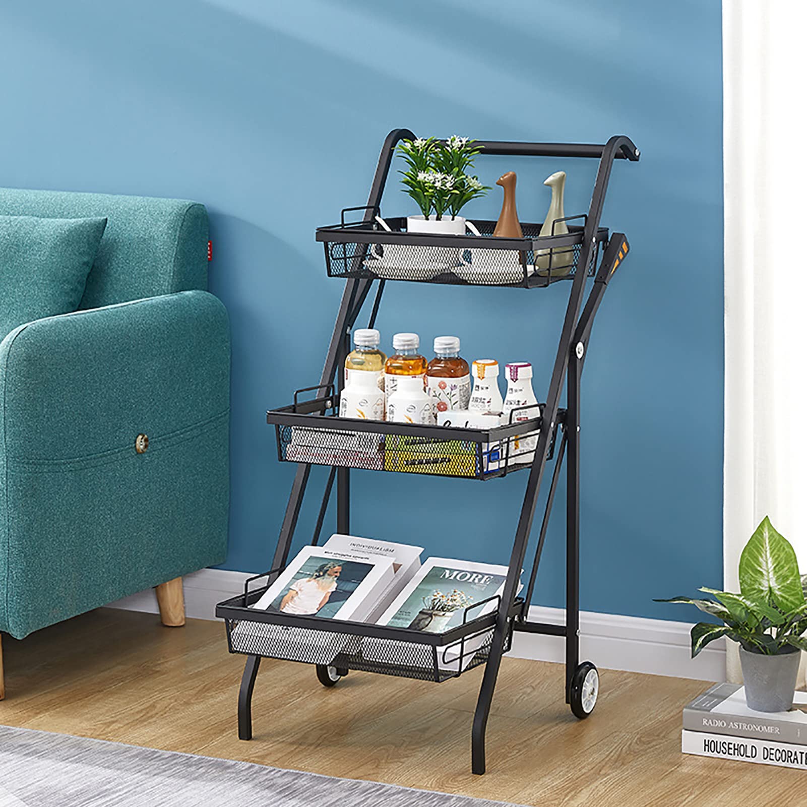 Carrito de almacenamiento de metal de 3 niveles con ruedas, carrito plegable para cocina, baño, oficina, lavandería, color negro