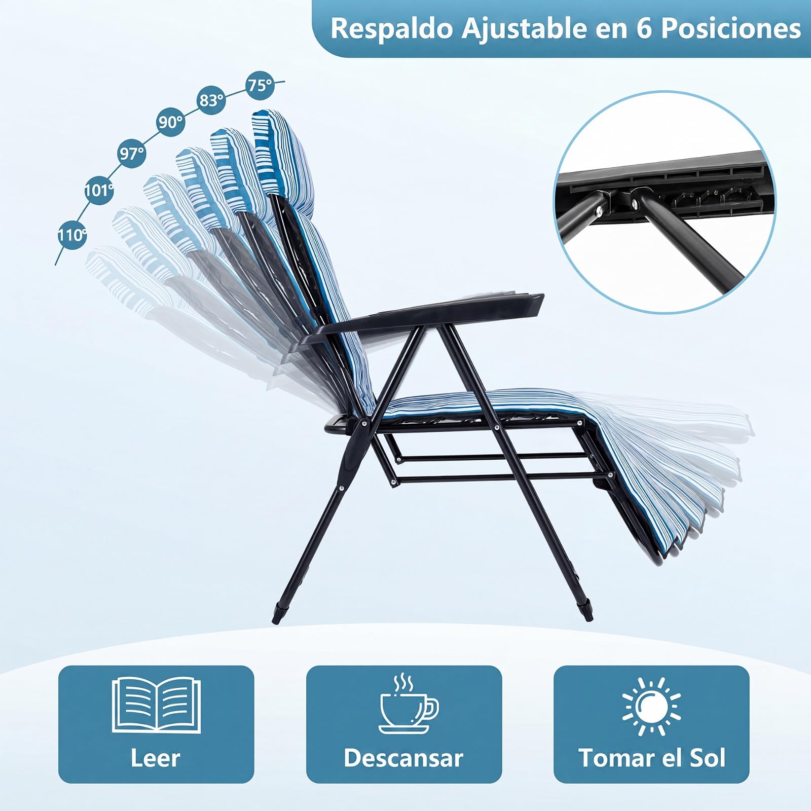 COSTWAY Hamaca Jardin Tumbona Plegable, Sillas Playa Reclinable | Respaldo en 6 Posiciones, Cojín Acolchado y Apoyabrazos, Tumbona Portátil Terraza Piscina Camping, Carga 150 kg