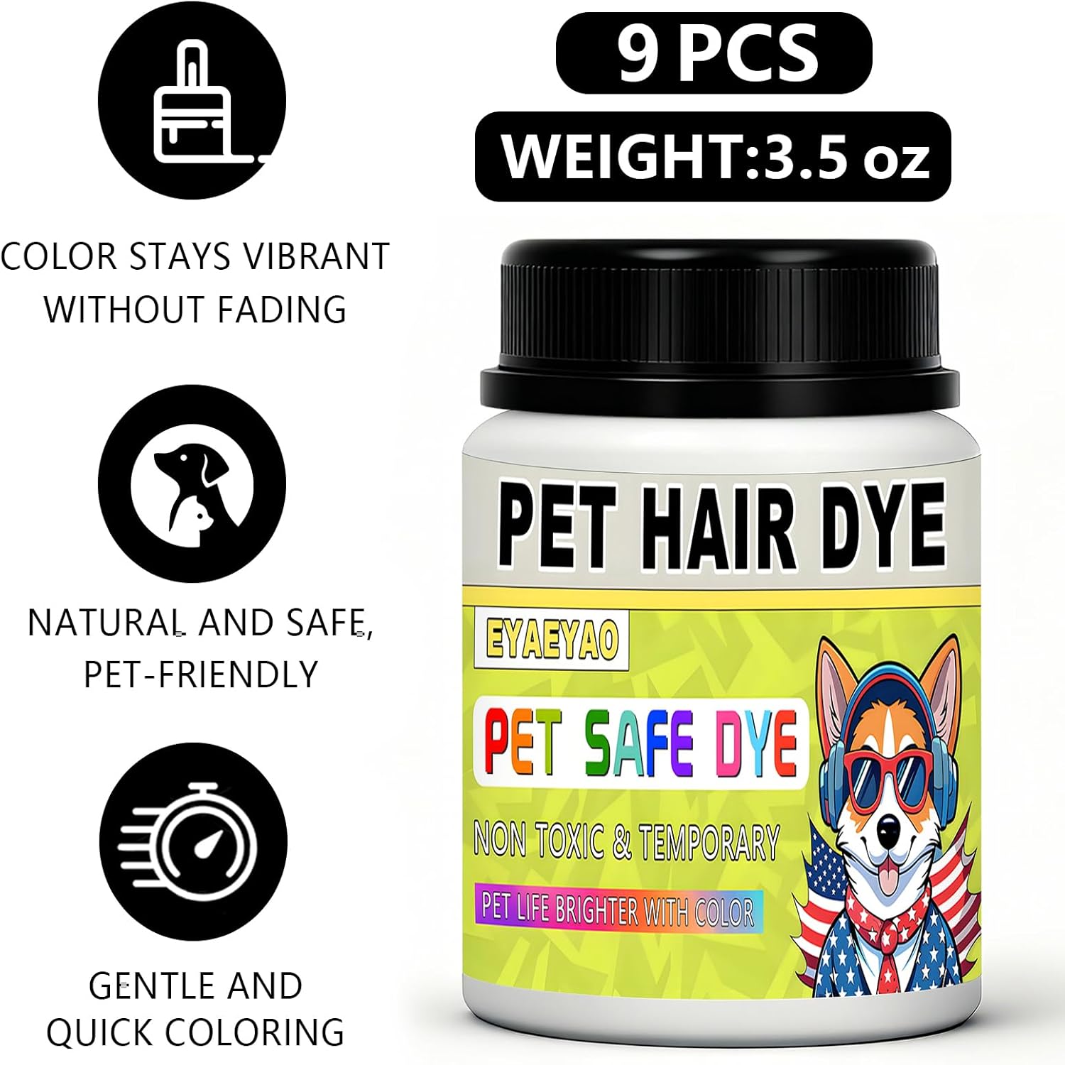 Temporary Pet Hair Color Kit - 9 Vibrant Shades (Black, Blue, Hot Pink, Purple, Orange, Green, Yellow, Pink, Burgundy) | 3.5 fl oz Each | Safe, Washable Dog & Cat Fur Dye for Creative Grooming