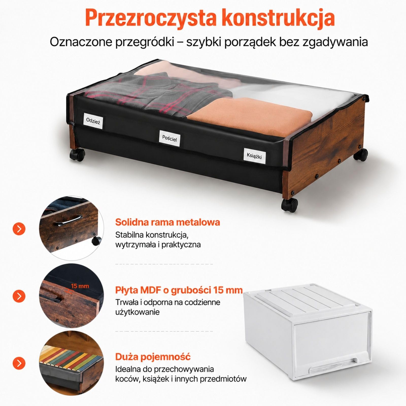 2 pojemniki do przechowywania pod łóżkiem na kółkach, mobilne szuflady na ubrania i buty do sypialni z uchwytami