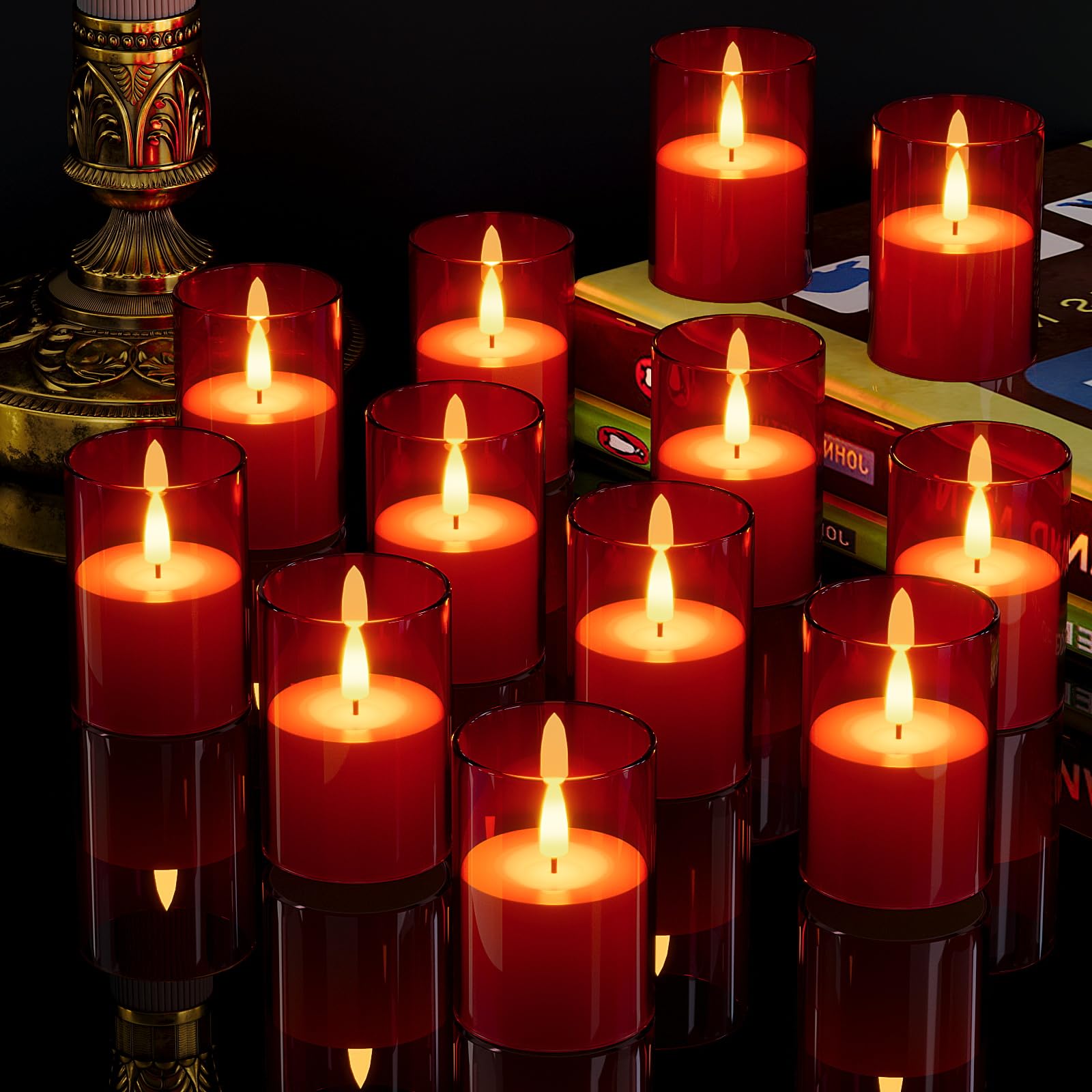 VIODAIM Confezione da 12 candele tremolanti senza fiamma con timer, candele LED alimentate a batteria, piccole candele senza fiamma, candele votive a batteria, per centrotavola per feste di nozze