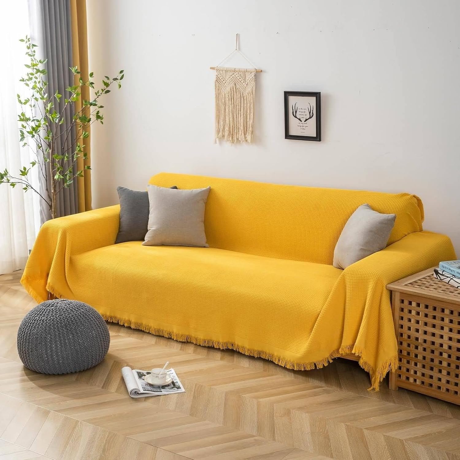 Yellow Sofa Recliner Cover, Polyester+Cotton Cushion Cover Solid Color Waffle Textured with Fringed 1 Seater(90X180CM)