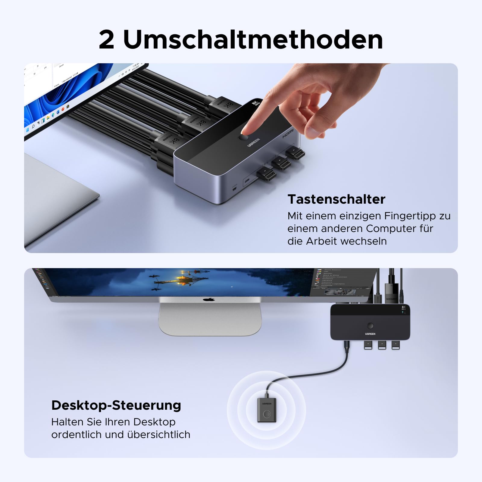 UGREEN HDMI+Displayport KVM Switch 2 PC 3 Monitore 8K60Hz mit 4 USB 3.0 Ports, Tasten- und Desktop-Controller Umschaltung Kompatibel mit Windows/Linux usw.