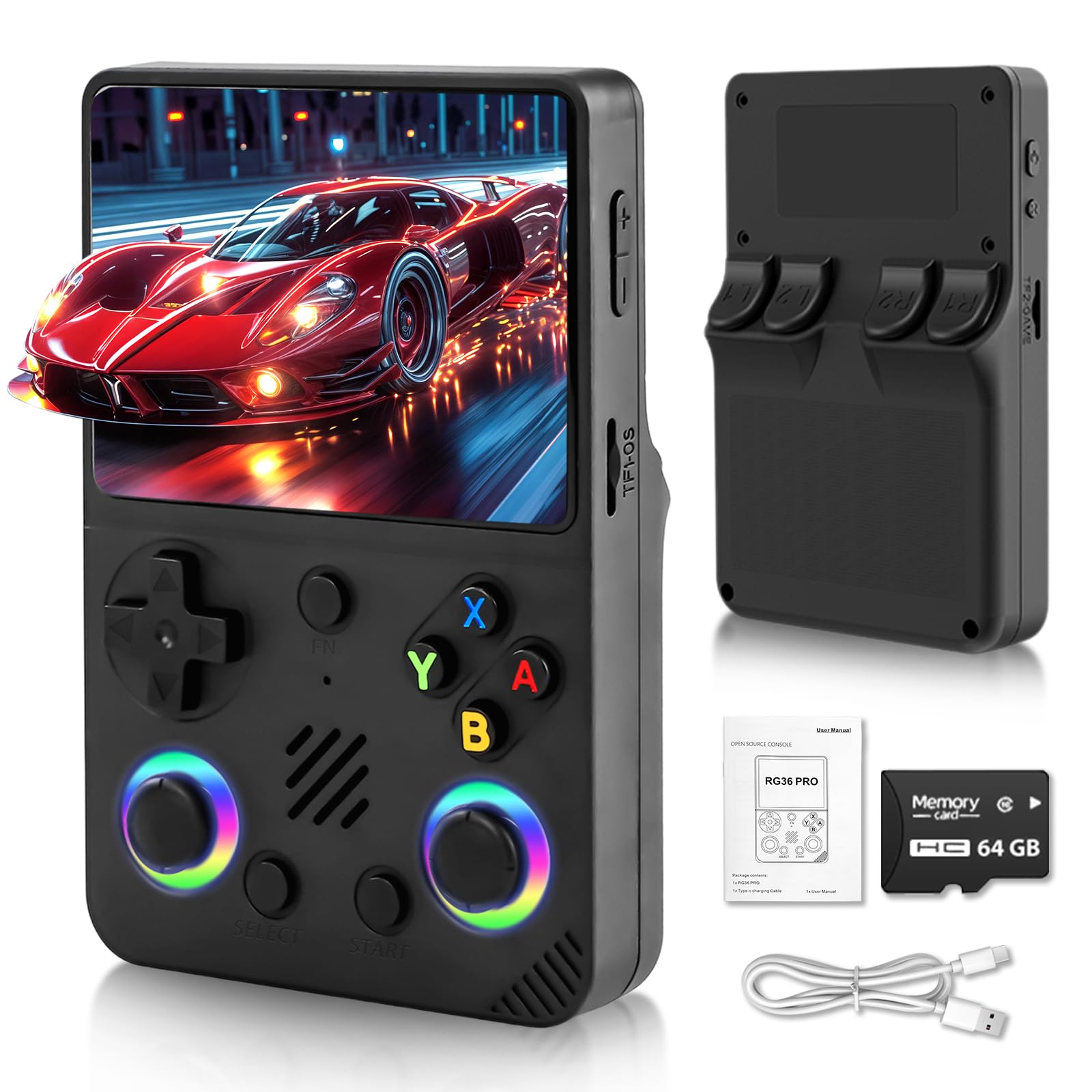 Unokit Consola de juegos retro RG36 Pro 2025, pantalla IPS 3.5 pulgadas, sistema Linux de código abierto, tarjeta TF 64 GB, más de 20.000 juegos clásicos, batería 3200 mAh