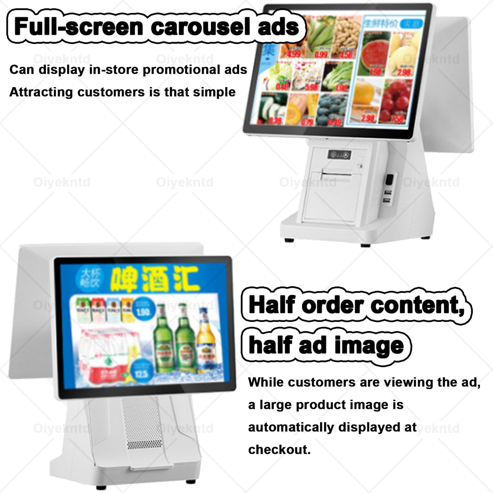 Registratore di cassa POS per piccole imprese, registratore di cassa multifunzione con doppio schermo touch da 15,6", stampante termica integrata da 58/80 mm, registratore SingleScreen-4G64G80mm