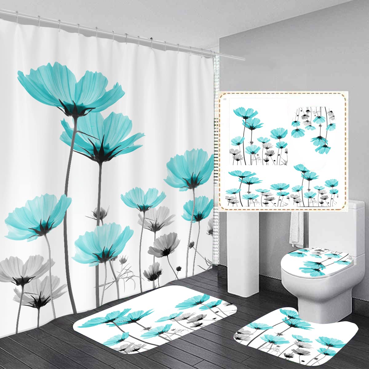AAtterTeal and Gray Flower Shower Curtain Sets Blue Floral Daisy Plant Galsang Bath with Non-Slip Rugs, Toilet Lid Cover and Bath Mat for Bathroom Set 4 Pcs (W60''xH72'') 12 Hooks Included