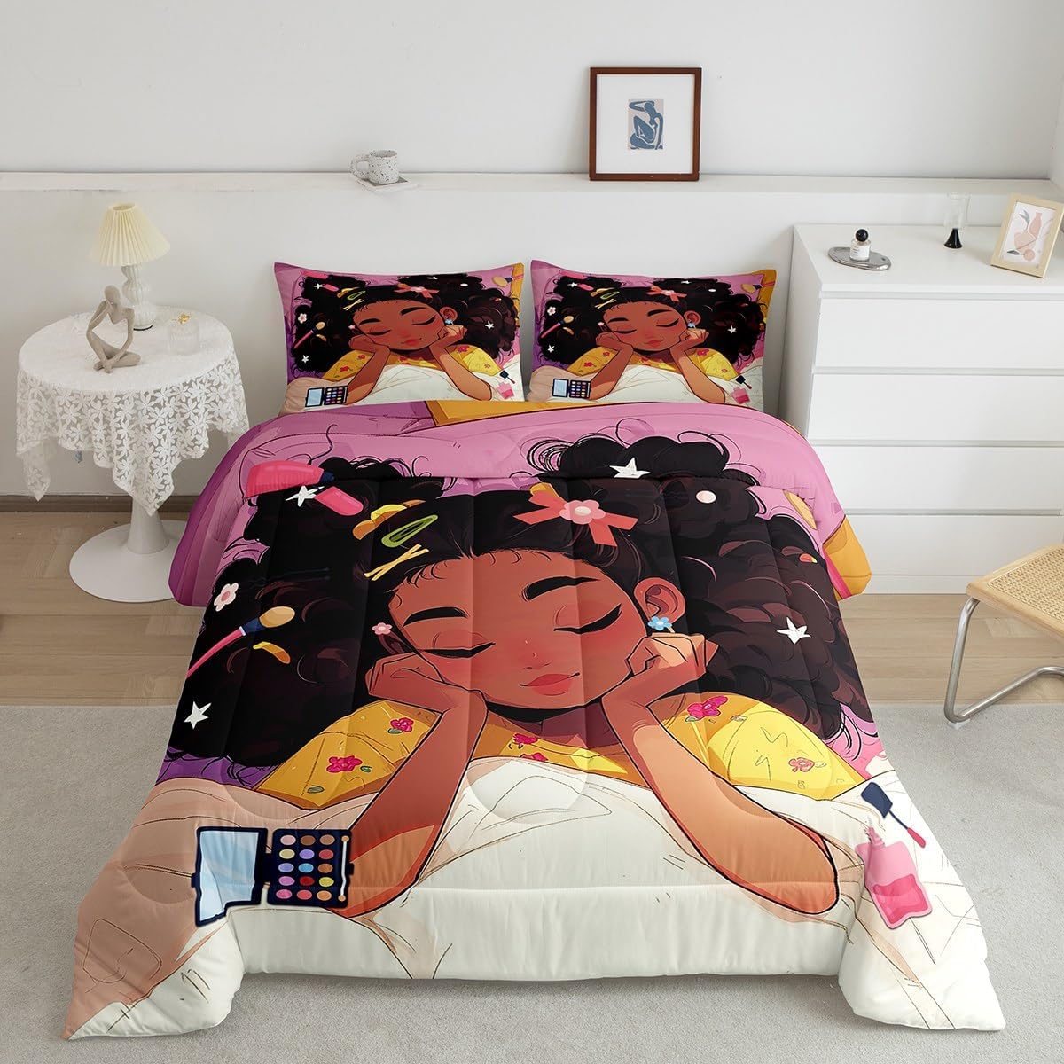 Erosebridal Kids Black Cute Girl Comforter Sets for Girls,American African Girls Bedding Set King Size Black Princess Girl Bed Comforter Set Reversible Colorful Stars Quilt Set 2 Pillow Cases