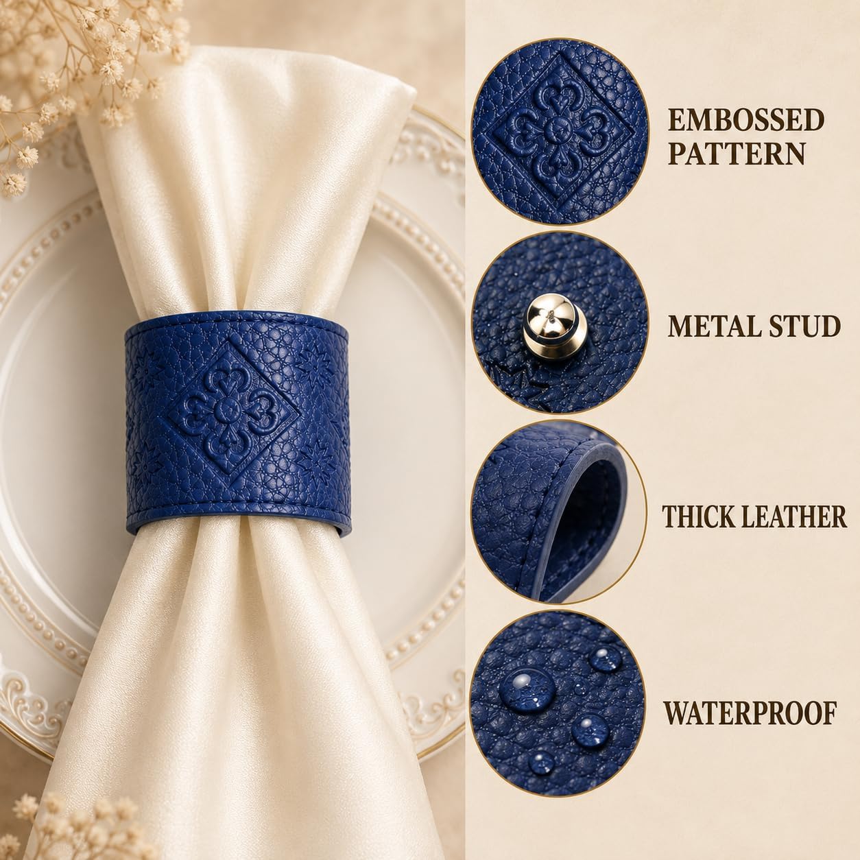 Premium Blue Leather Napkin Rings Set of 6, Reversible Double-Sided Embossed & Smooth Design, Convertible Round/Flat Table Decor, Water-Repellent for Dining, Parties, Holiday & Gifting