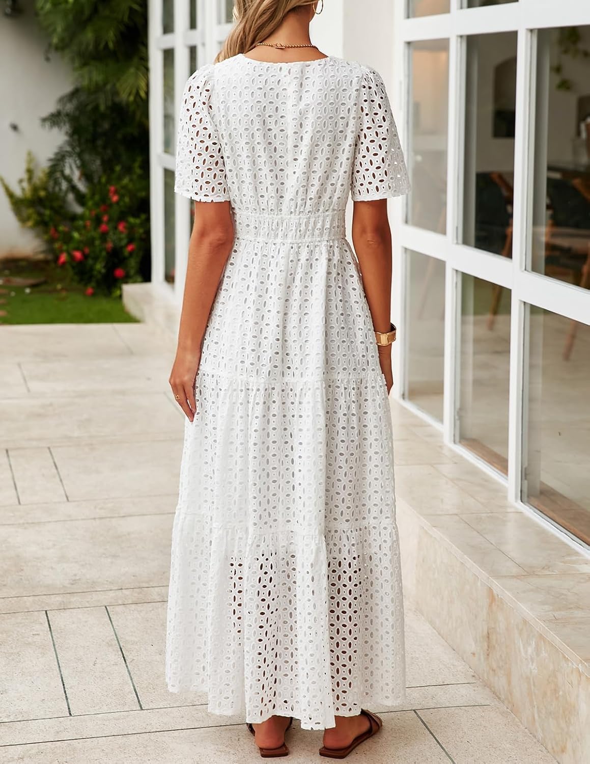 ZESICA Women's 2026 Summer Short Sleeve Maxi Dress Casual V Neck Hollow Out Eyelet Ruffle Swing A Line Long Dresses - Image 3