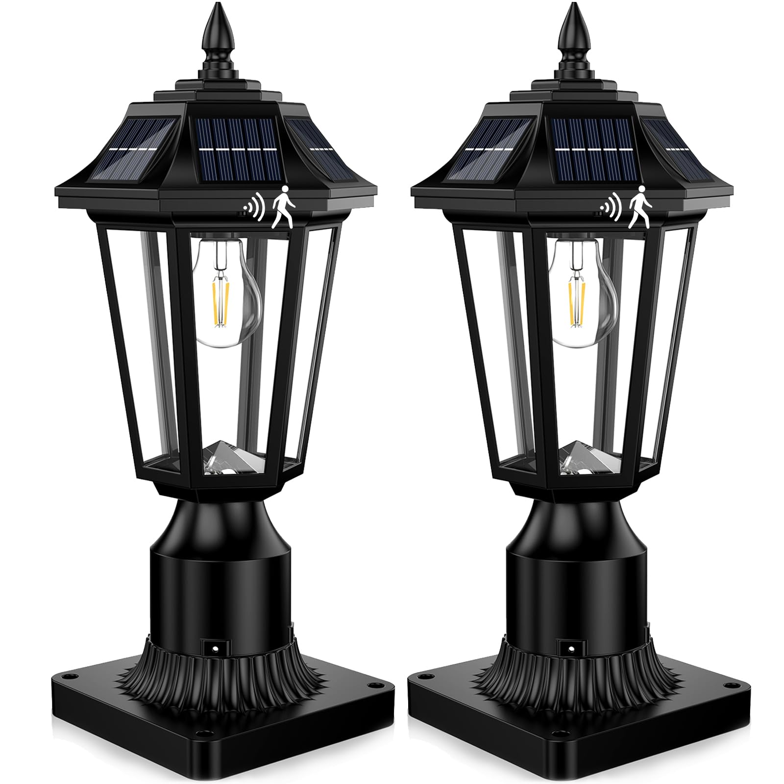 2Pack Solar Post Lights Outdoor with Mount Base, 3-Mode Wireless Solar Lamp Post with Motion Sensor, 360° Rapid Charging & IP65 Waterproof for Yard, Fence, Landscape Poles (Bulb Included)