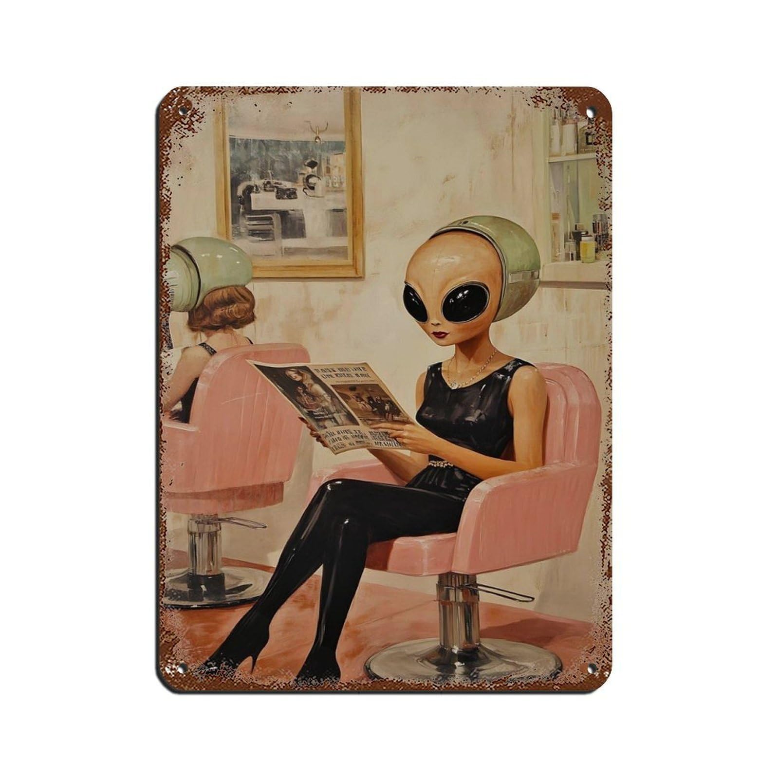 Lxwnze 30L X 40W Cm Alien Reading Newspaper,Retro Salon Decor Tin Sign Vintage Metal Pub Club Cafe Bar Home Wall Art Decoration Poster Retro 12X16inch(30X40cm)
