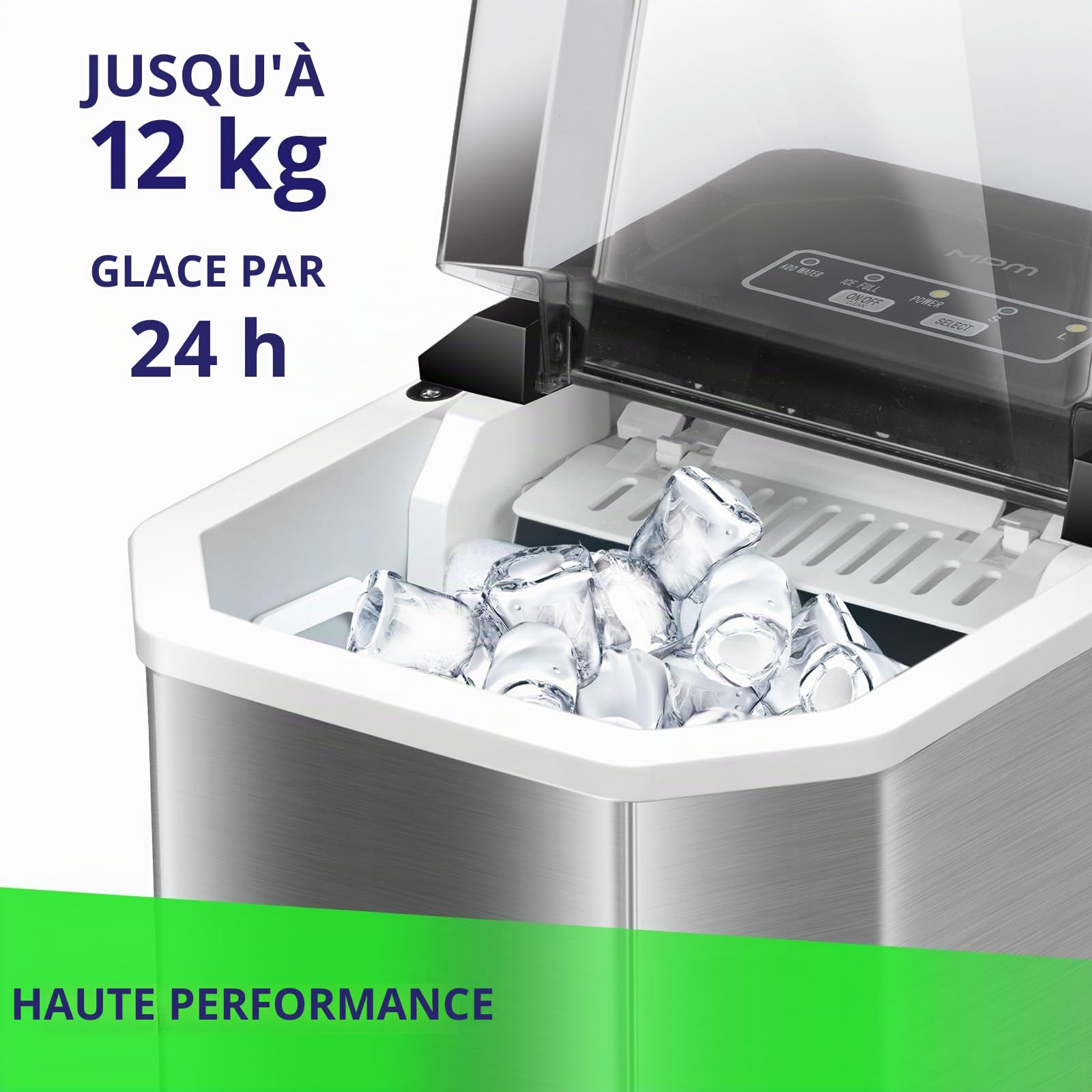 Machine à glaçons MPM – Portable en Acier Inoxydable avec Capacité de 12 kg – 2 Tailles de Glaçons au Choix – Fonction d’auto-nettoyage – Sans Raccordement à L’eau