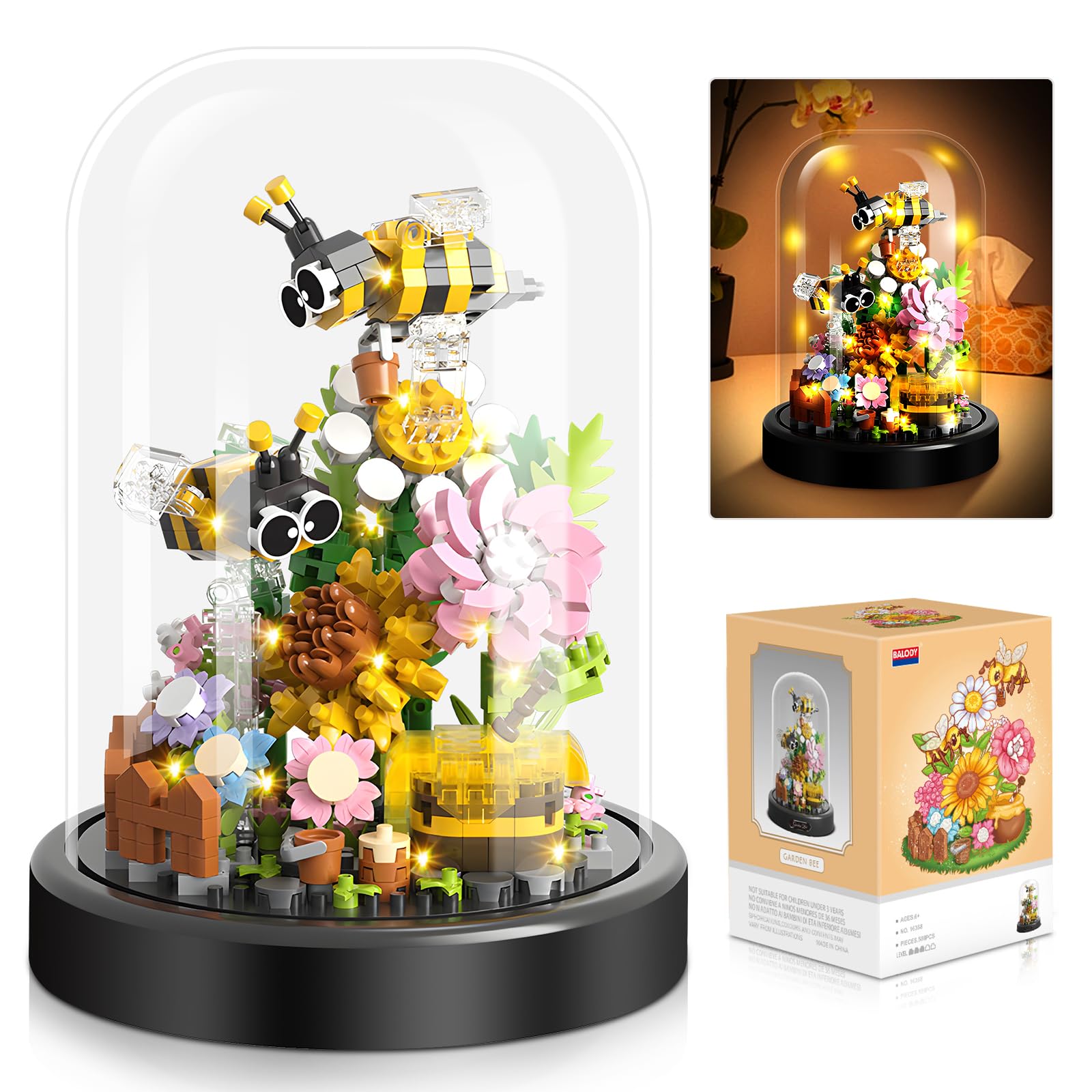 Bloques de Construcción de Ramo Flores, 588 Piezas Juego de Bloques de Construcción en Miniatura de Flores de Abeja, con Cúpula a Prueba de Polvo, No Compatible con Bloques de Marca