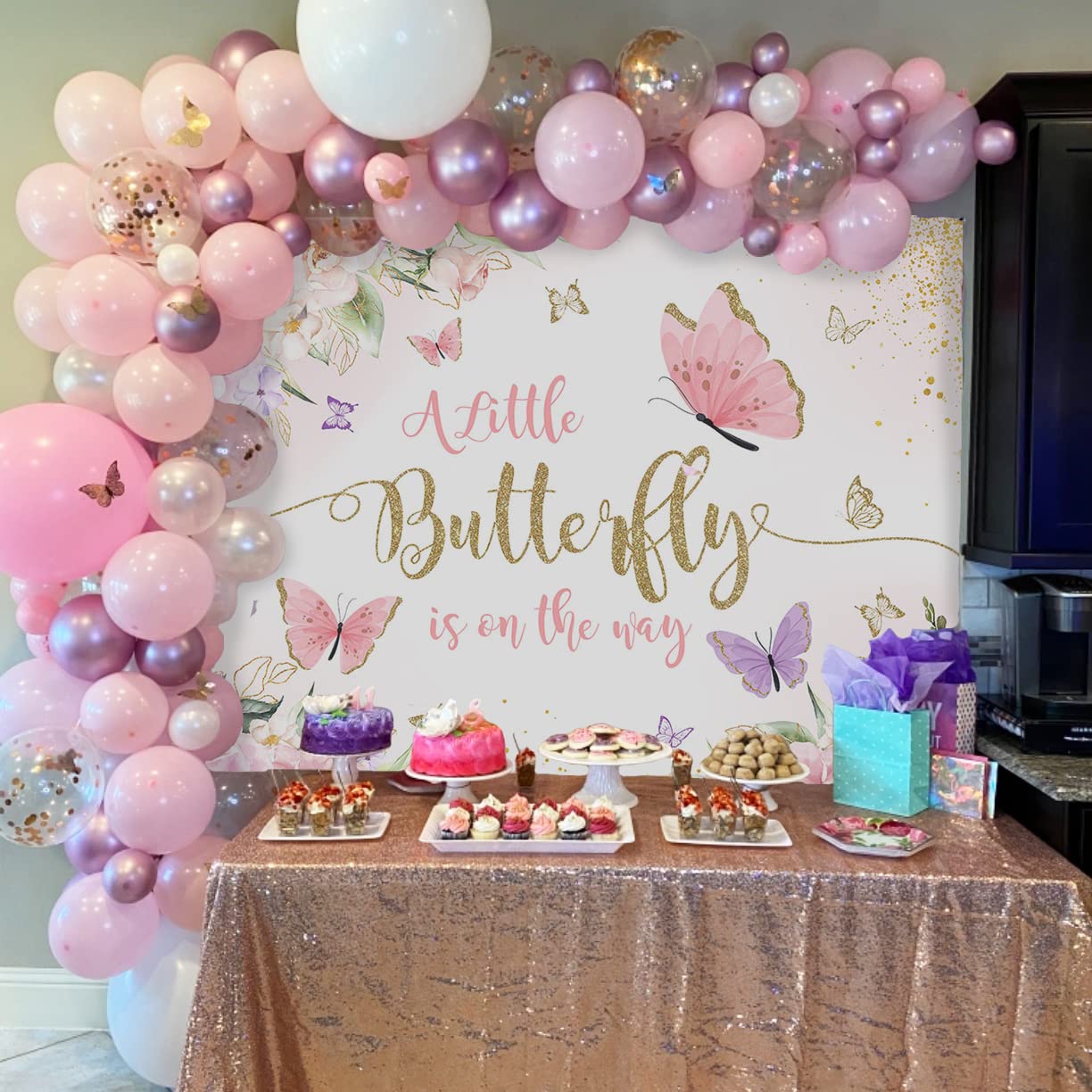 AIBIIN Fotohintergrund Babyparty – 2,1 X 1,5 M, Motiv: A Little Butterfly Is On The Way, Rosa