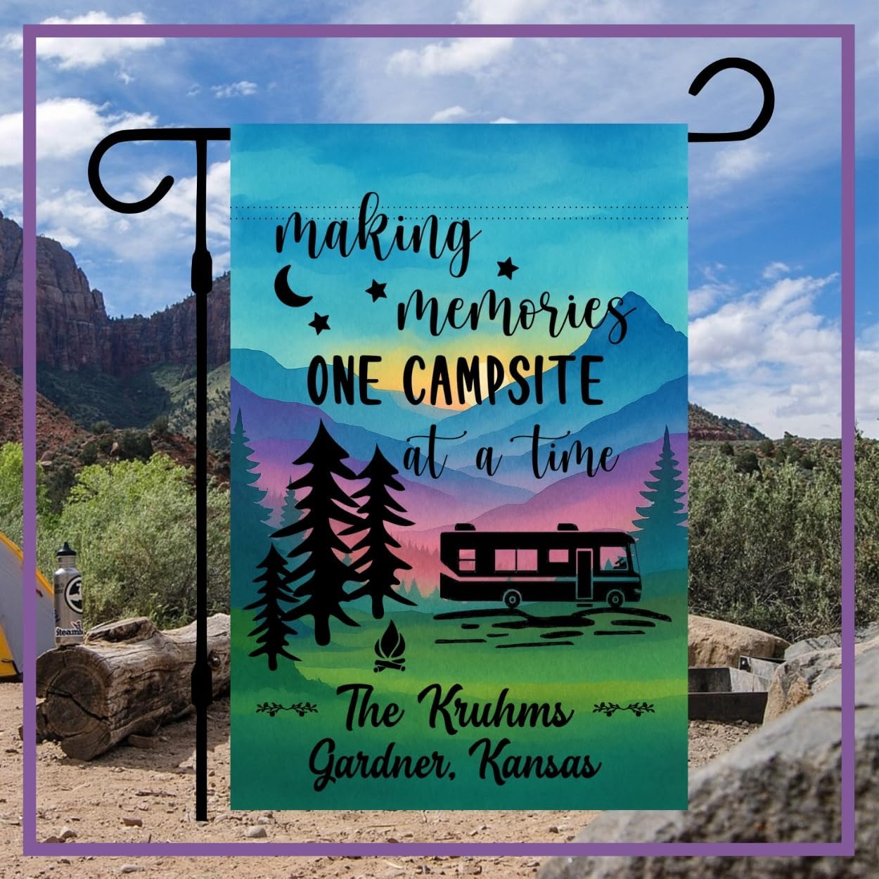 Campsite Decoration, Camper Garden Flag, Personalized Camper Sign, Gift for camper, Custom outdoor camping decor, unique yard decor for RV travel trailer, Motorhome, tent, van life