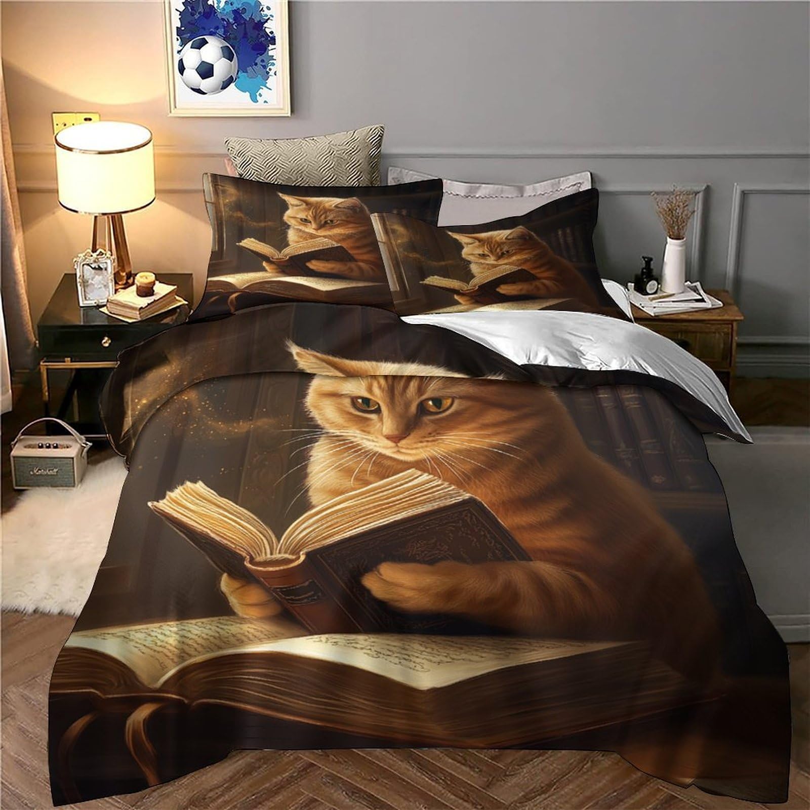 Leggere la fantasia dei gatti Impressione 3D 3 pz fodera per edredone Libresco felino capriccioso coperteletto microfibra ipoallergenica antiacari per bambini ragazze donne Double（200x200cm）