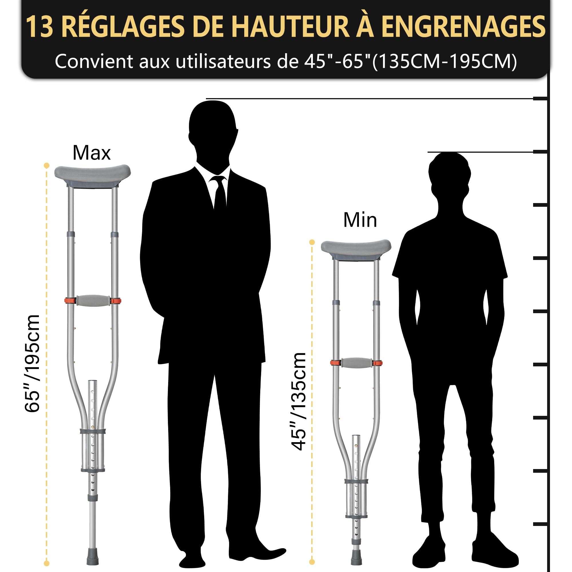Béquille Réglables pour Adultes(x2 Unités), Capacité de Charge 150KG, 1 Paire Canne Pliable en Aluminium avec Coussinets sous les Aisselles et Pieds Antidérapants, 1 Paire de Bequille