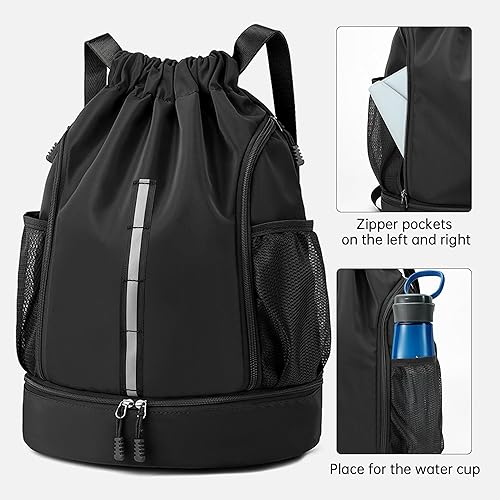 Miniatura 2 de Bolsa deportiva de gimnasio con cordón, mochila de playa para hombres y mujeres, con compartimento para zapatos y tiras reflectantes, Negro -,