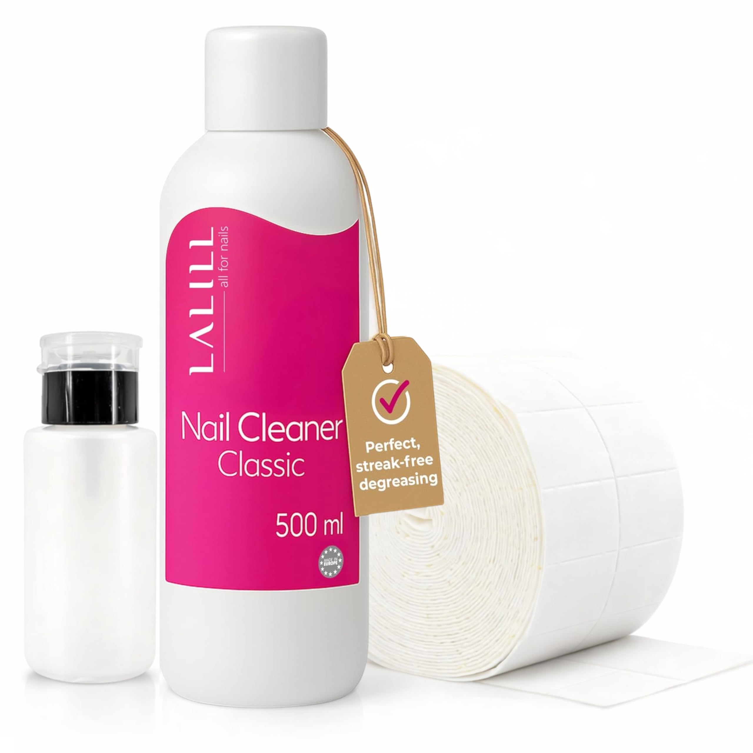 LALILL Nail Cleaner Set 500ml - Sgrassatore Unghie con 500 Pad in Cotone Senza Pelucchi e Dispenser 200ml - Cleaner per Unghie in Gel, Semipermanente e Pennelli