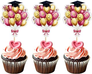 24PCS 2025 Graduation Cupcake Toppers Balloon Graduation Hat Class Of 2025 Cupcake Picks for 2025 Graduation Theme Kids Boy Girl Graduation Theme Birthday Party Supplies Pink