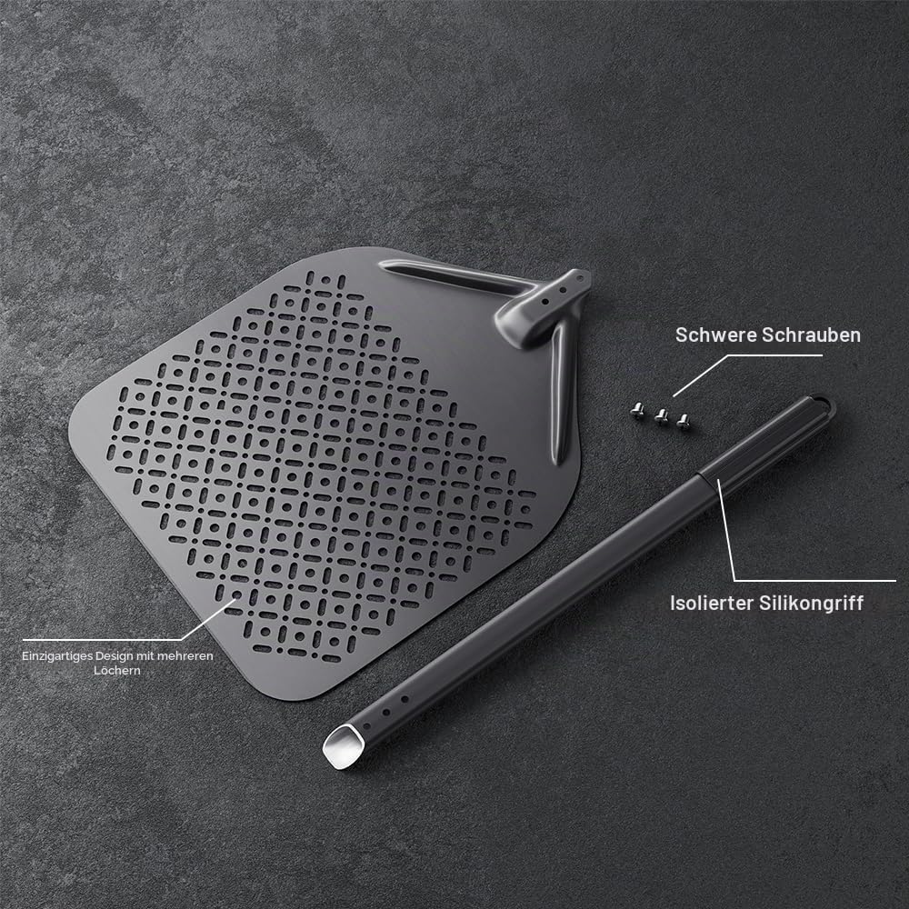 Pizzaschieber gelocht, 35 cm, Pizzaschieber aus hart eloxiertem Aluminium mit abnehmbarem Griff für Pizza, Brot, selbstgemachte Torten