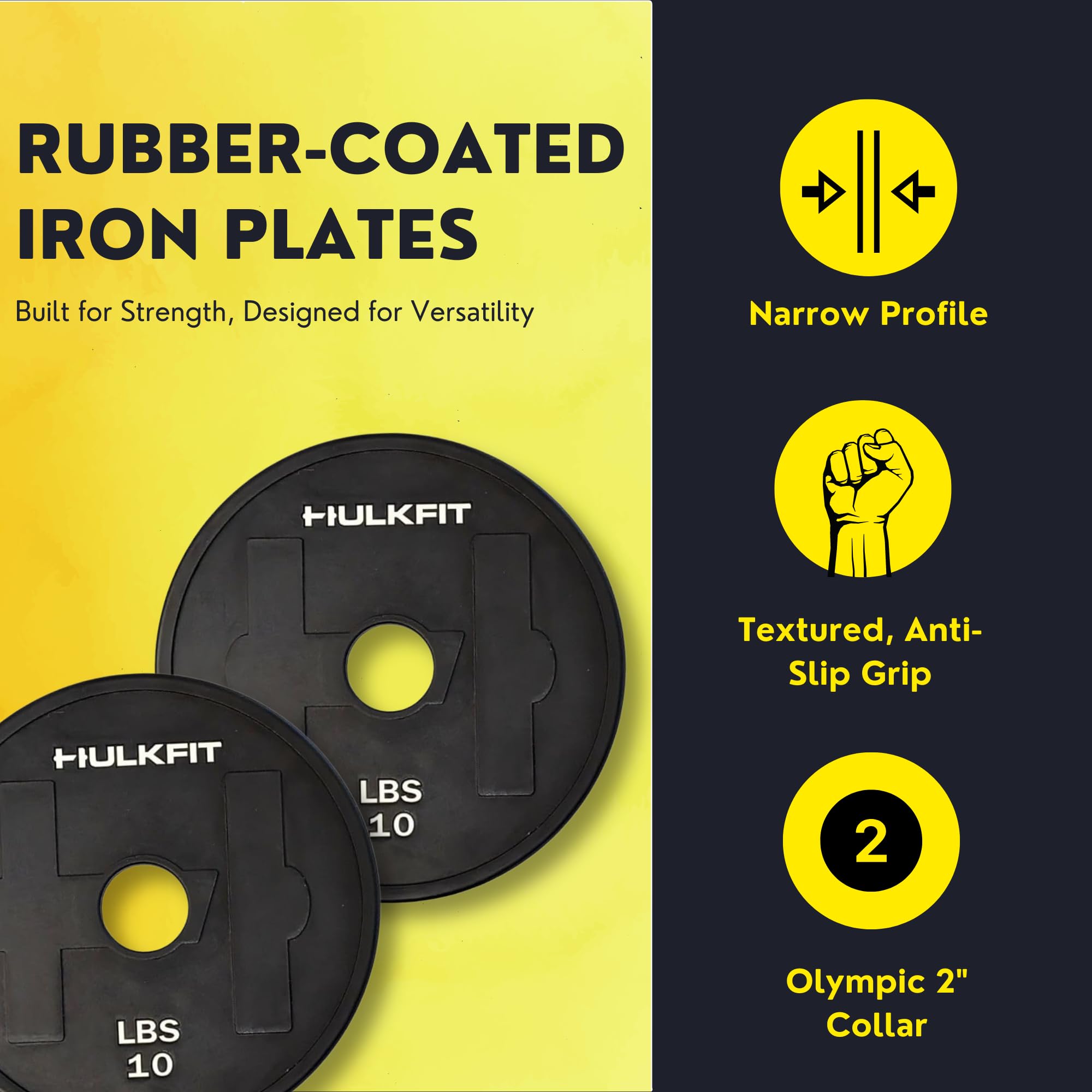 HulkFit Hantelscheiben-Set aus gummiertem Stahl, 5,1 cm, für belastbare Hantelstange und Hantelscheibe, Krafttraining, Schwarz