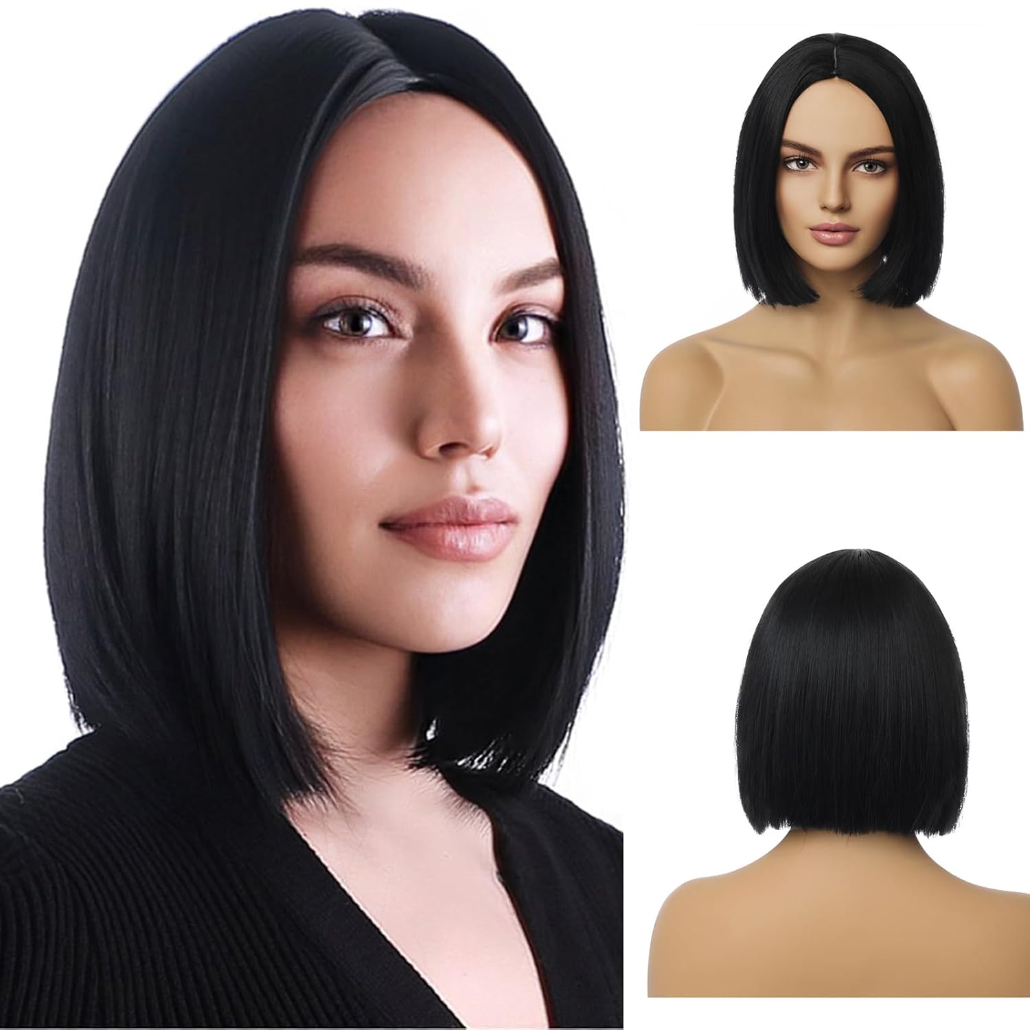 PATTNIUM Black Bob Wig for Women Short Black Wigs Straight Middle Part Black Hair Wig Natural Looking Heat Resistant Synthetic Wigs
