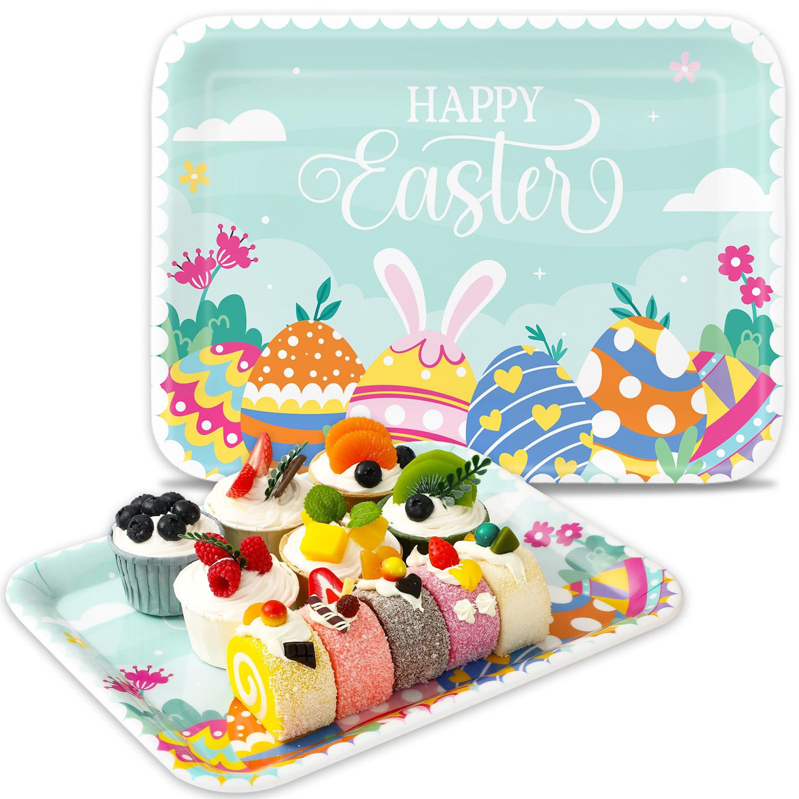2Pcs Happy Easter Serving Tray Colorful Egg Bunny 13 X 10 Inch Reusable Melamine Charcuterie Floral Cheese Appetizer Board Snack Food Serving Platter for Home Spring Birthday Party Supplies