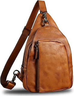 Genuine Leather Sling Bag Vintage Crossbody Hiking Shoulder Bag Sling Backpack Retro Cowhide Handmade Casual Daypack