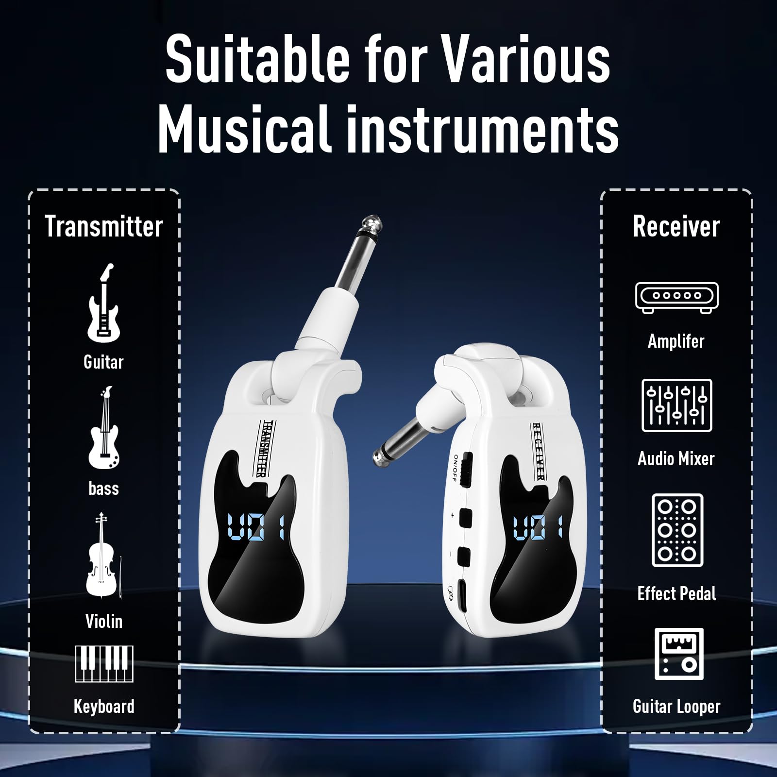 Système de guitare sans fil avec 16 fréquences réglables, émetteur récepteur sans fil rechargeable pour guitare, basse, instruments électriques (blanc)