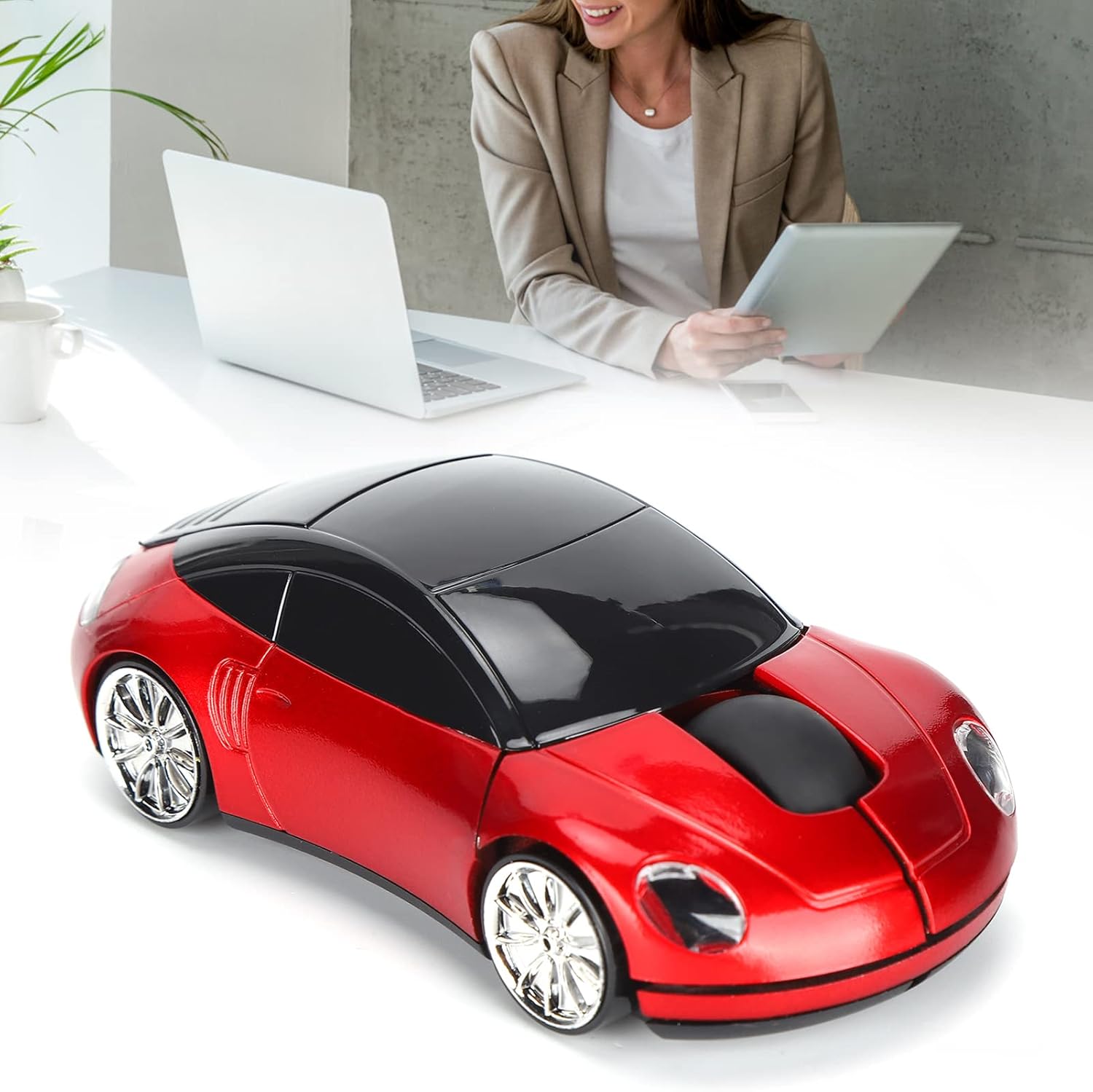 2.4GHz Car Mouse, 3D Sport Car Shape Ergonomic Optical Mice with USB Receiver, 1600 DPI Computer Mouse with LED Light for PC Laptop Computer Kids Girls Small Hands (Red)