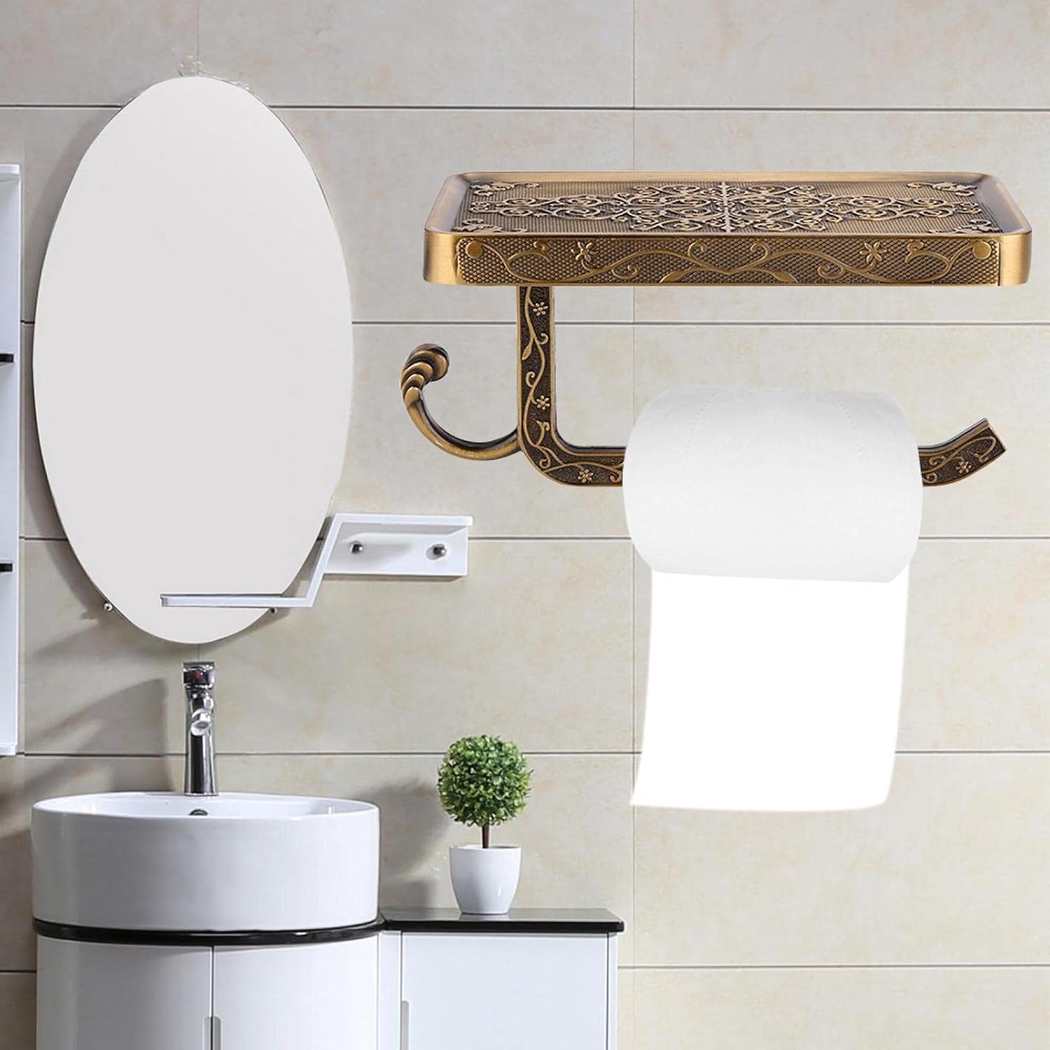 Bathroom Toilet Paper Holder, Wall Mounted Antique Vintage Brass Toilet Bathroom Paper Holder Phone Shelf(Bronze)