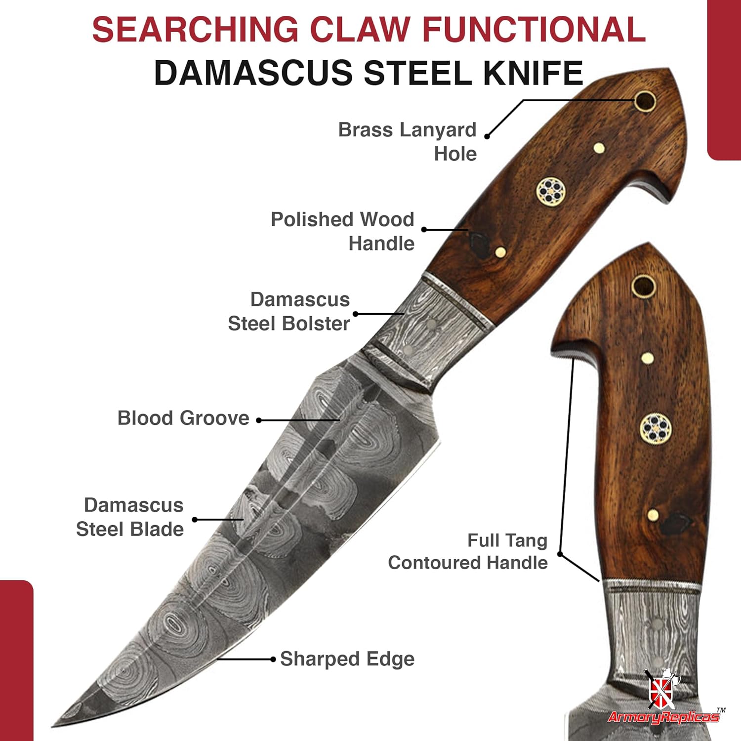 Armory Replicas™ - Full Tang Damascus Steel Hunting Knife - Trailing Point Blade, Wooden Handle & Leather Sheath | Ideal for Medium to Large Game | Outdoor, Survival, and Camping Gear