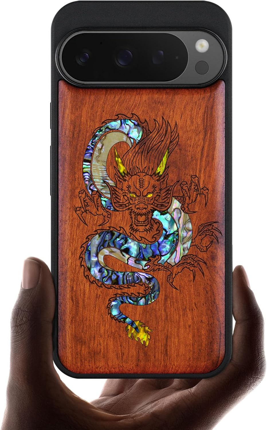 Carveit Magnetic Wooden Case for Google Pixel 9 Pro XL Case, Wood Artisan Engraved & Handmade Shell Inlaid, Compatible with MagSafe Wireless Chargers, The Oriental Dragon - Rosy