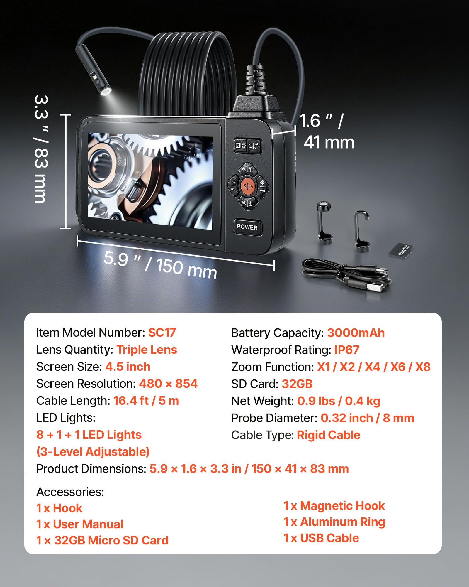 VEVOR Triple Lens Endoskopkamera mit 4,5 Zoll Bildschirm, 3000mAh Akku Inspektionskamera mit 5m Kabel 8X Zoom 180° Bildrotation IP67 Wasserdicht, 8mm Industrie Endoskop mit LED für Auto Rohre Abfluss
