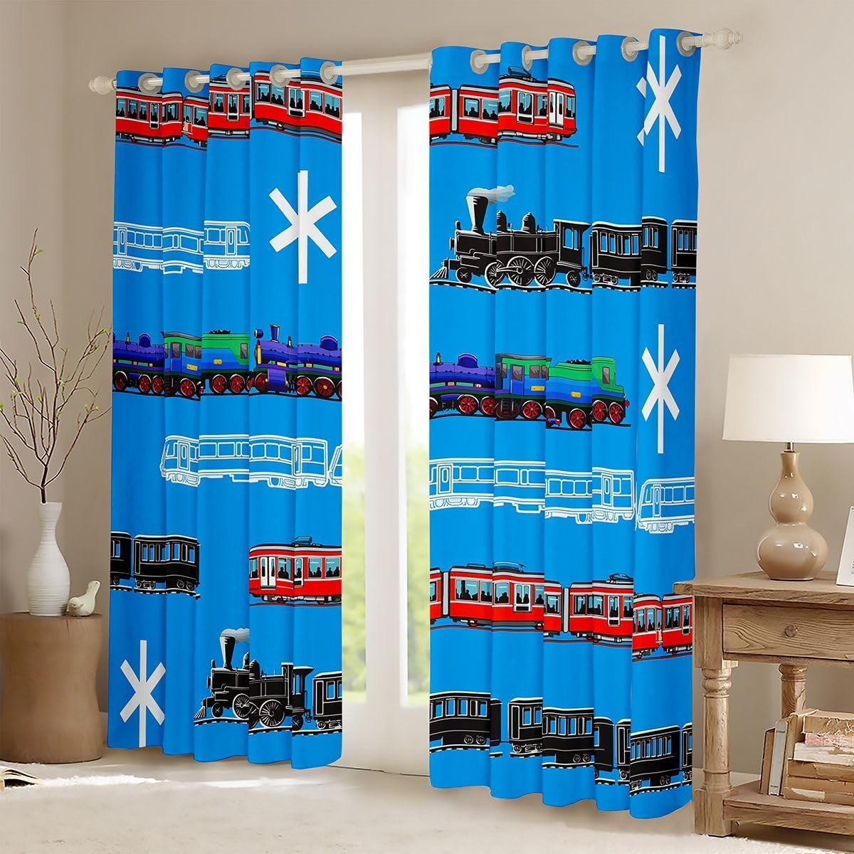 Train Kids Boys Curtains Retro Steam Engine Toddler Window Curtains for Bedroom Living Room for Teens Railway Track Transport Window Drapes Red Blue Black Decor Window Treatments 52W X 84L，2 Panels