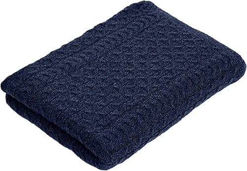 SAOL Manta para cama King Size Irish Aran de lana merina suave, 92 x 78 pulgadas (azul marino)